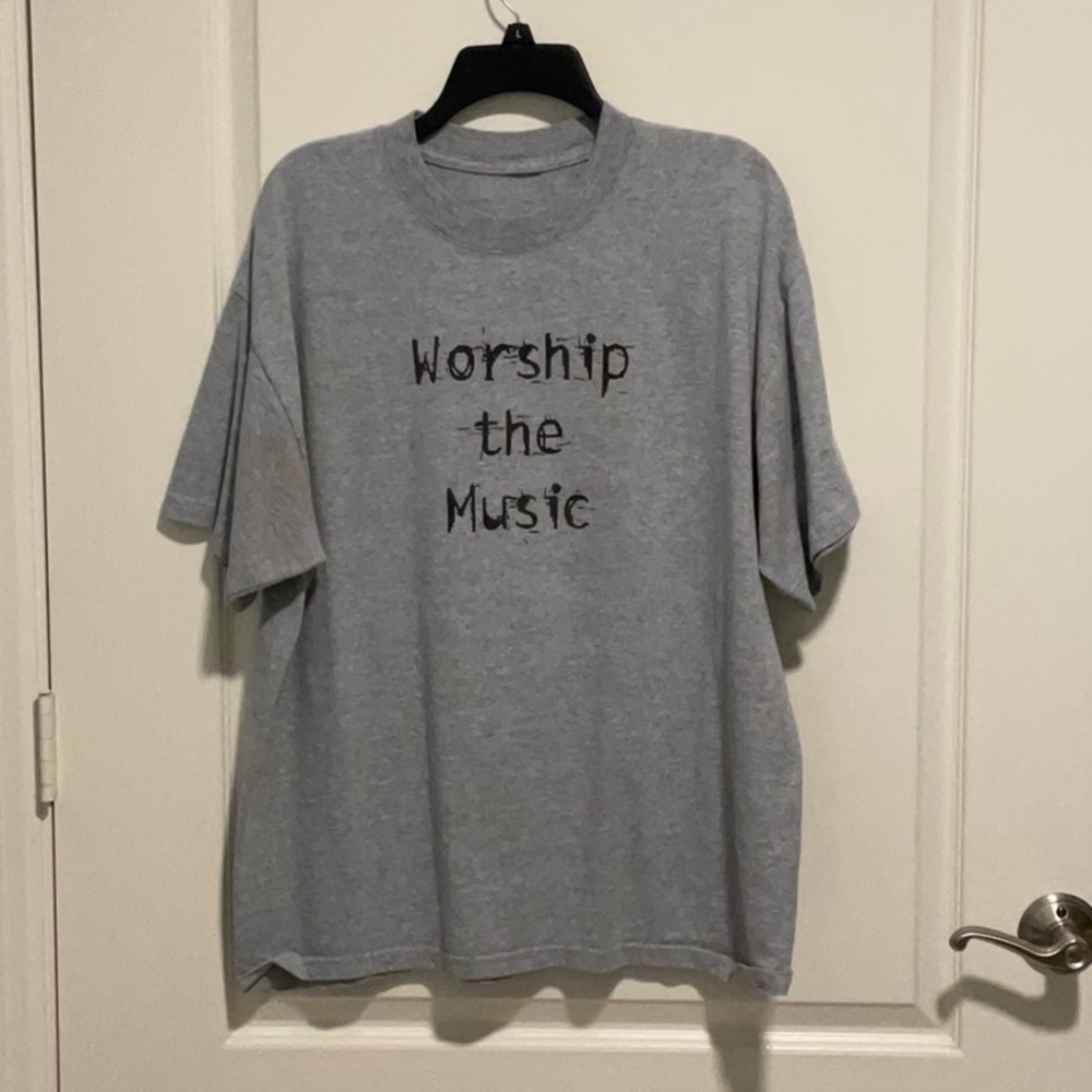 Vintage 90s XL “Worship the Music” Rolling Stone/Barq’s Root Beer tshirt, gray